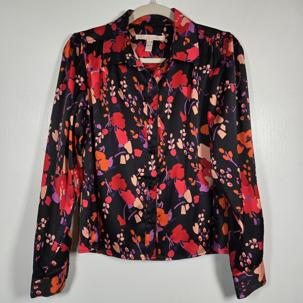 Hutch Kodie Satin Vibrant Floral Long Sleeve Button Down Blouse Top Size Small